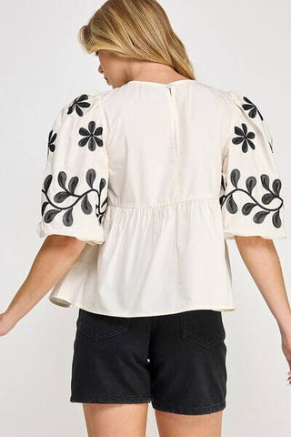 SAGE+FIG Puff-Sleeve Embroidered Peplum Blouse - 1985 the VAULT Boutique