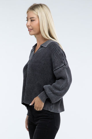 Washed Collared Henley Sweater - 1985 the VAULT Boutique