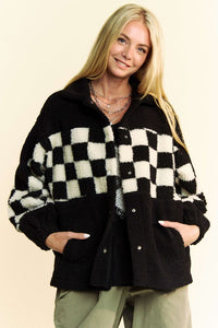 Davi & Dani Full Size Checkered Snap Down Faux Fur Jacket - 1985 the VAULT Boutique