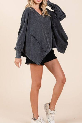 Mittoshop Mineral Wash V-Neck Long Sleeve Oversized Top - 1985 the VAULT Boutique