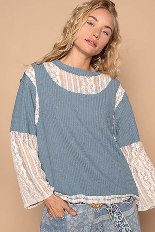 POL Lace Panel Round Neck Long Sleeve Top - 1985 the VAULT Boutique