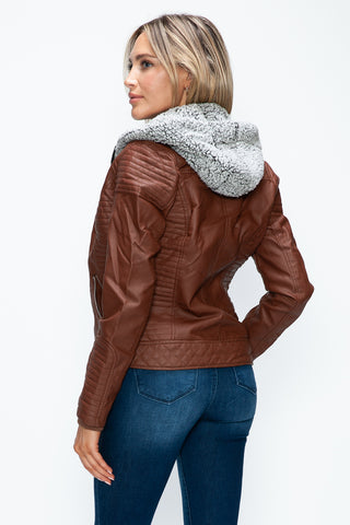 YMI Faux Layered Double-Zipper Jacket with Fuzzy Hood - 1985 the VAULT Boutique