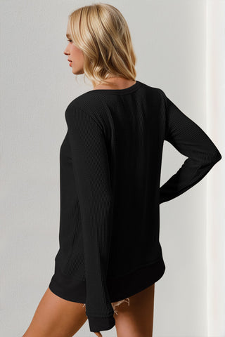 Double Take Corded Rib Thumbhole Cuff Round Neck T-Shirt - 1985 the VAULT Boutique