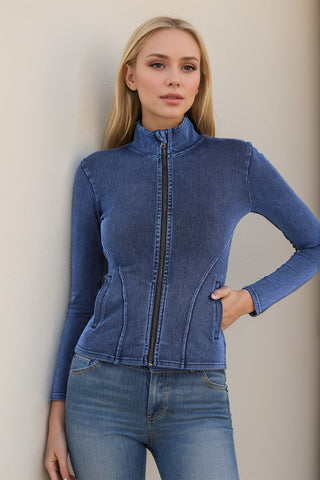 Basic Bae Pocketed Turtleneck Zip Up Denim Top - 1985 the VAULT Boutique