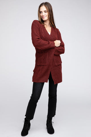 Twist Knitted Open Front Cardigan With Pockets - 1985 the VAULT Boutique