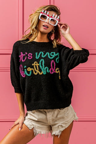 BiBi Metallic Letter Puff Sleeve Hairy Sweater - 1985 the VAULT Boutique