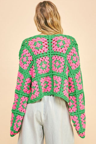 Davi & Dani Full Size Two Tone Flower Square Crochet Open Front Cardigan - 1985 the VAULT Boutique