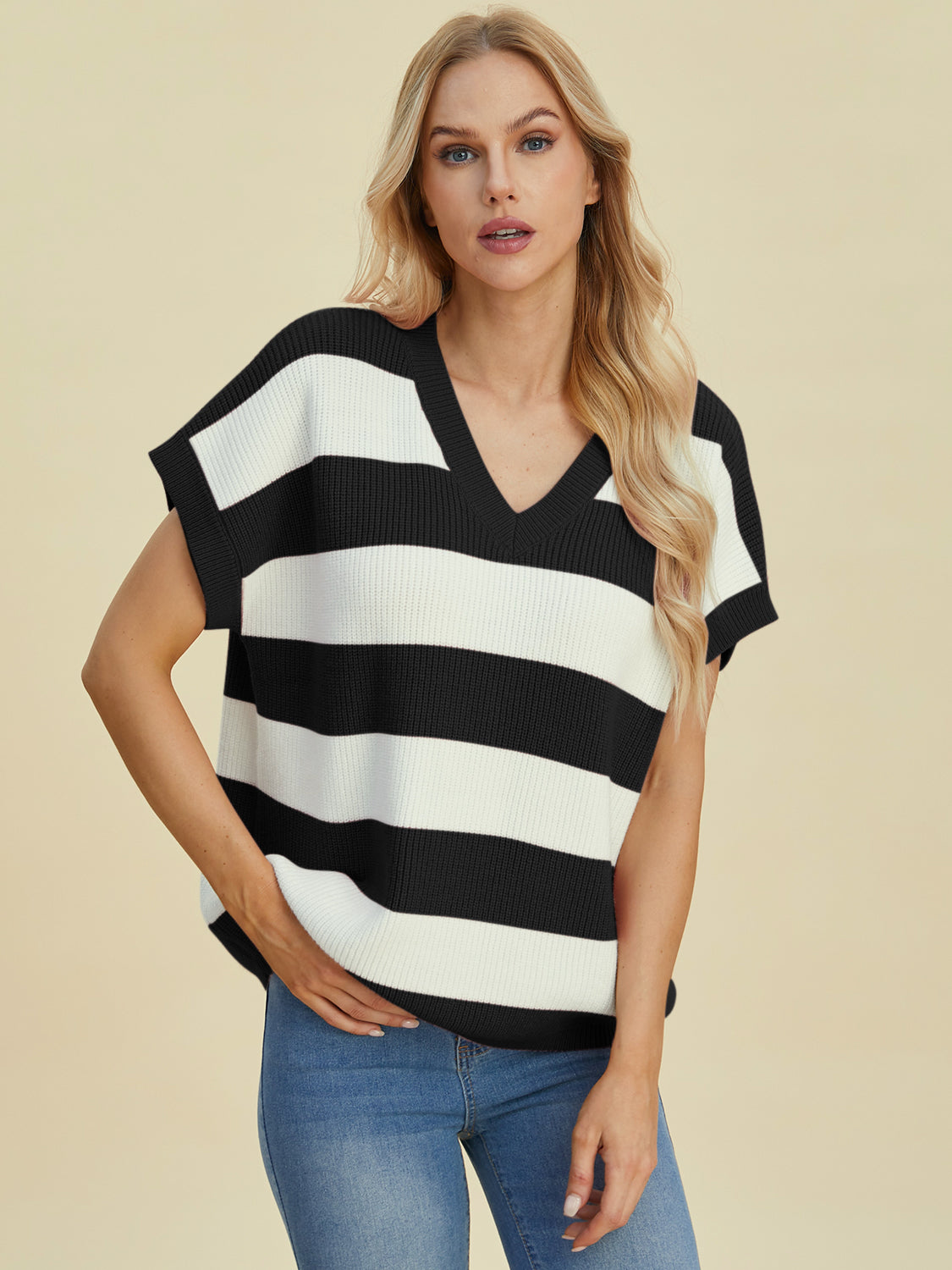 Double Take Full Size Striped V-Neck Short Sleeve Sweater - 1985 the VAULT Boutique