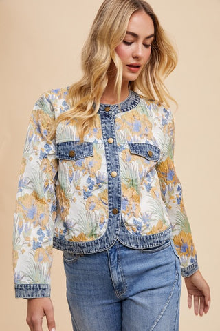 Annie Wear Floral Jacquard Denim Contrast Button Down Jacket - 1985 the VAULT Boutique