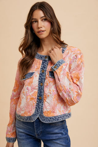 Annie Wear Floral Jacquard Denim Contrast Button Down Jacket - 1985 the VAULT Boutique