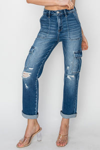 RISEN Full Size High Rise Cargo Ankle Roll Up Straight Jeans - 1985 the VAULT Boutique