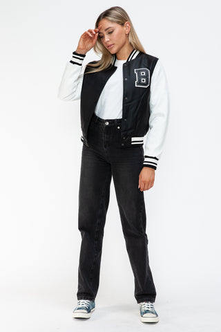 Love Me Now PU Leather Contrast Snap Down Bomber Jacket - 1985 the VAULT Boutique