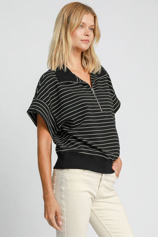 Umgee Striped Half Zip Short Sleeve Sweatshirt - 1985 the VAULT Boutique