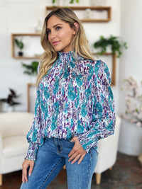 Double Take Full Size Printed Smocked Long Sleeve Blouse - 1985 THE VAULT