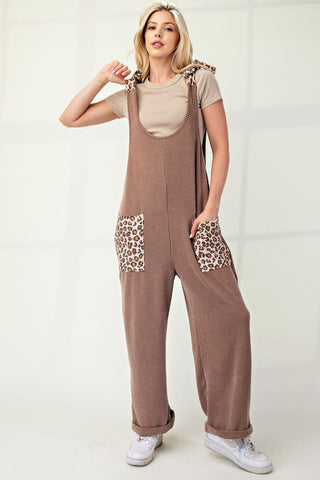 Celeste Full Size Ribbed Leopard Tied Shoulder Overalls - 1985 the VAULT Boutique