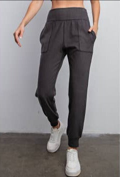 Rib Brushed Full Length Jogger Pant in Black - 1985 the VAULT Boutique