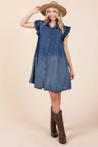 Mittoshop Washed Chambray Ruffle Sleeve Buttoned Mini Dress - 1985 the VAULT Boutique