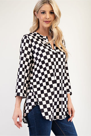 Celeste Full Size Curved Hem Checkered Notched Blouse - 1985 the VAULT Boutique