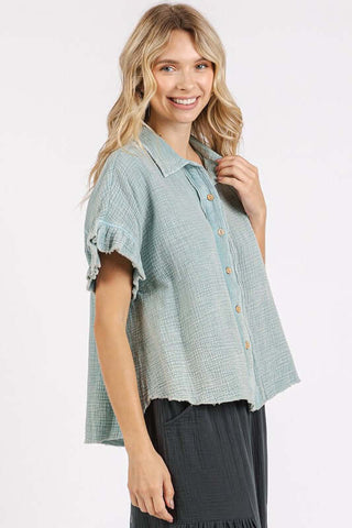 Mittoshop Mineral Washed Button Down Flounce Sleeve Shirt - 1985 the VAULT Boutique