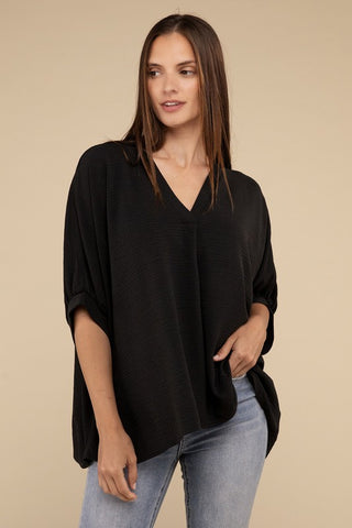 Woven Airflow V-Neck Puff Half Sleeve Top - 1985 the VAULT Boutique