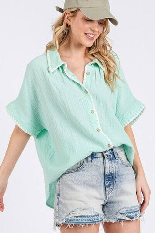 SAGE+FIG Boho Contrast Zigzag Trim Gauze Button-Up Shirt - 1985 the VAULT Boutique