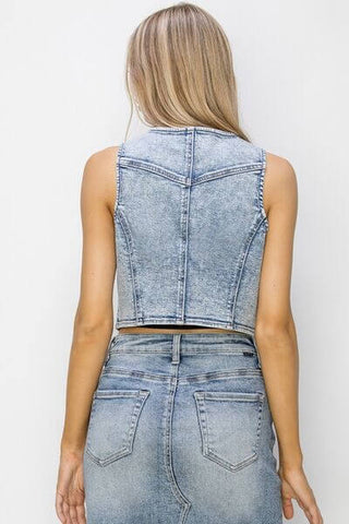 RISEN Button Down Crop Denim Vest - 1985 the VAULT Boutique