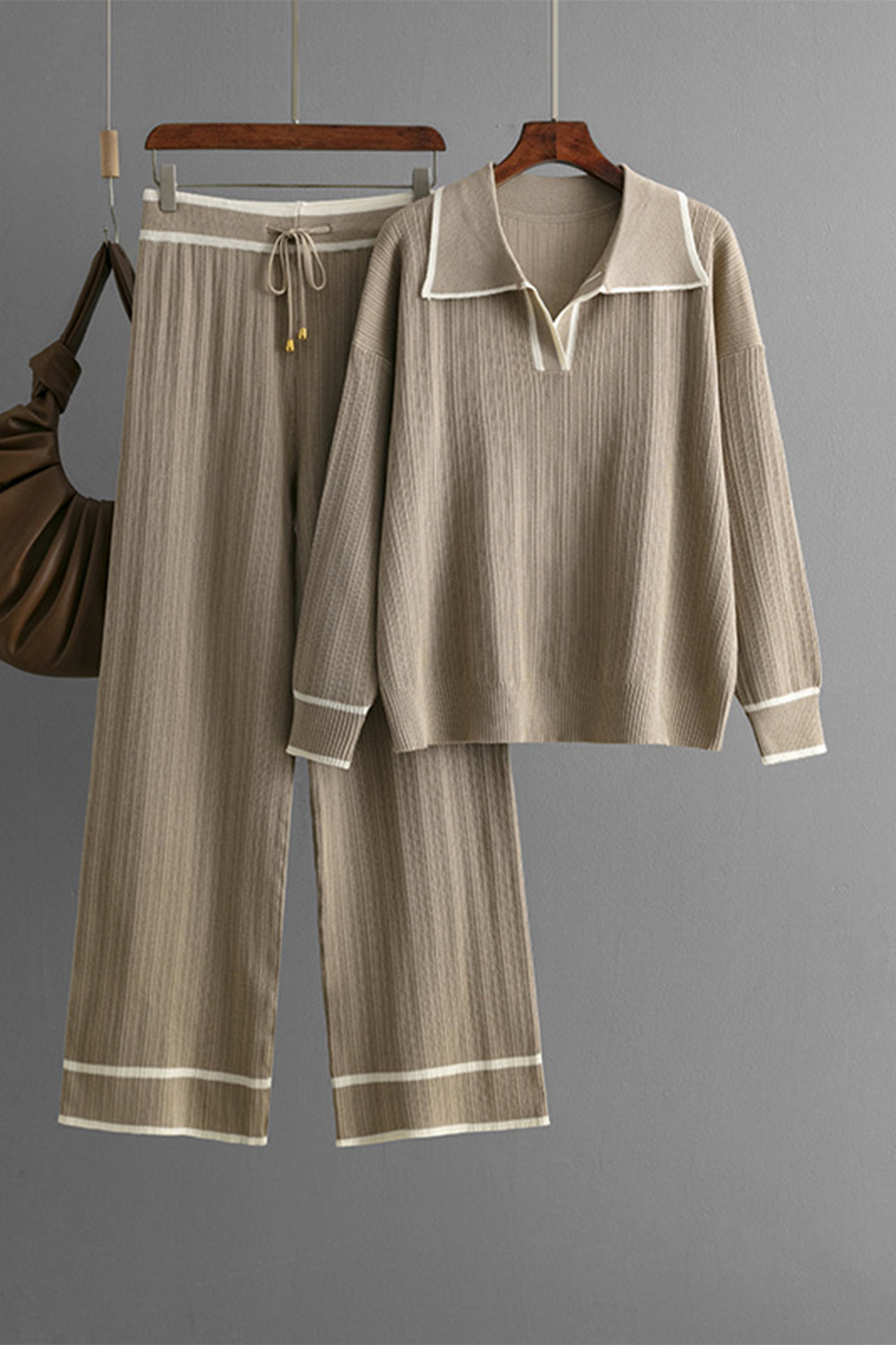 Contrast Trim Johnny Collar Top and Drawstring Pants Sweater Set - 1985 the VAULT Boutique