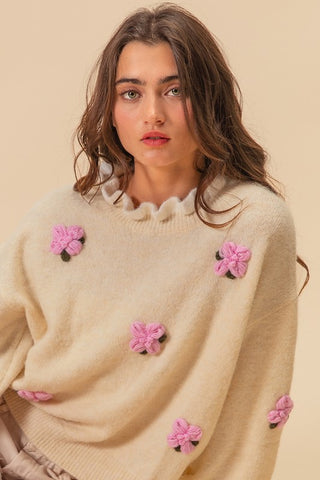 BiBi Ruffled Crochet Flower Dropped Shoulder Sweater - 1985 the VAULT Boutique