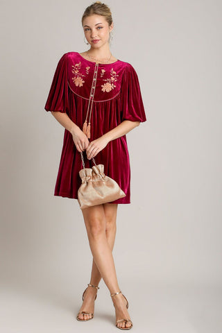 Umgee Embroidered Half Sleeve Velvet Mini Dress with Tassel - 1985 the VAULT Boutique