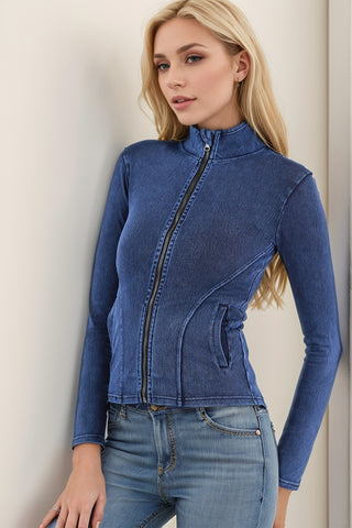 Basic Bae Pocketed Turtleneck Zip Up Denim Top - 1985 the VAULT Boutique