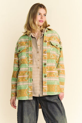 Davi & Dani High-Low Geometric Long Sleeve Shacket with Pockets - 1985 the VAULT Boutique