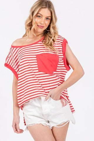 Ces Femme Side Slit Striped Cap Sleeve T-Shirt - 1985 the VAULT Boutique