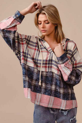 BiBi Drawstring Plaid Drop Shoulder Hoodie - 1985 the VAULT Boutique