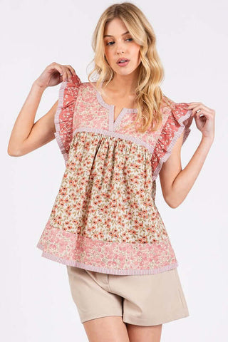 Mittoshop Floral Notched Ruffled Cap Sleeve Blouse - 1985 the VAULT Boutique