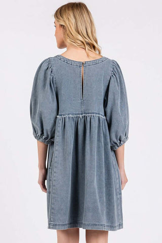 Mittoshop Washed Round Neck Puff Sleeve Denim Dress - 1985 the VAULT Boutique