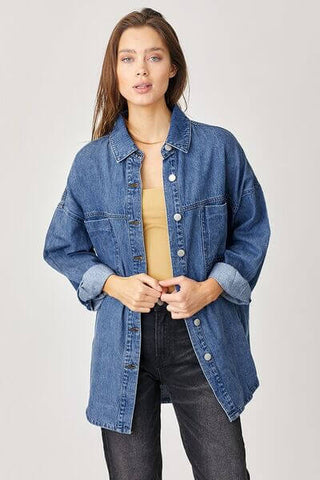 RISEN Button Up Drop Shoulder Denim Shacket - 1985 the VAULT Boutique