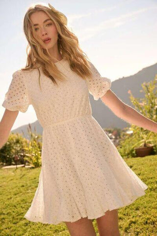 Mittoshop Eyelet Round Neck Puff Sleeve Mini Dress - 1985 the VAULT Boutique