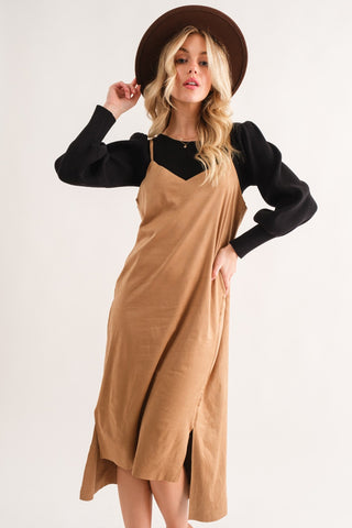 And The Why Faux Suede Cut Edge Slit Cami Midi Dress - 1985 the VAULT Boutique