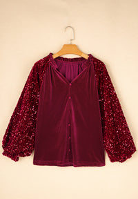 Sequin Notched Long Sleeve Blouse - 1985 the VAULT Boutique