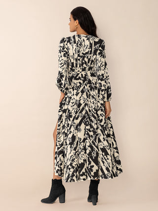 Tied Printed V-Neck Long Sleeve Midi Dress - 1985 the VAULT Boutique