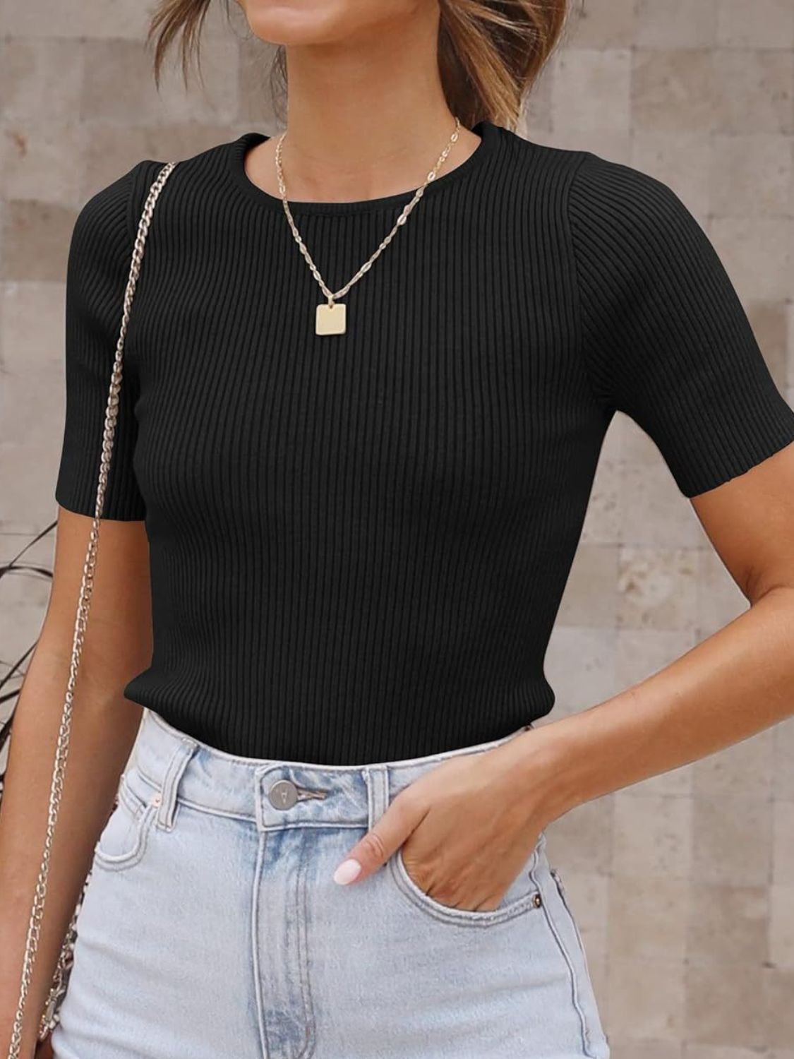 Mandy Basic Ribbed Round Neck Short Sleeve Knit Top - 1985 the VAULT Boutique