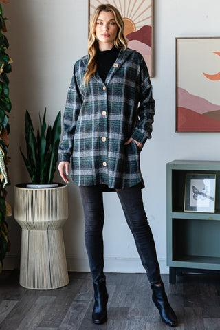 Heimish Plaid Button Down Long Sleeve Hooded Cardigan - 1985 the VAULT Boutique