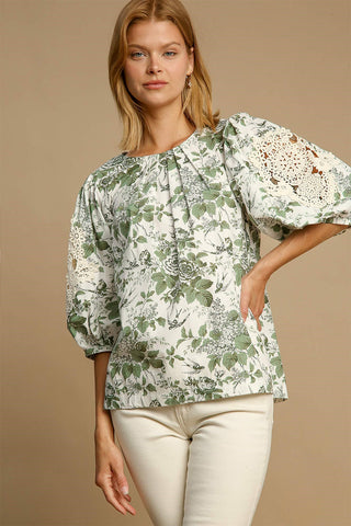 Umgee Floral Pleated Detail Lace Trim Sleeve Blouse - 1985 the VAULT Boutique