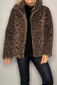 Full Size Leopard Furry Collared Neck Long Sleeve Coat - 1985 the VAULT Boutique