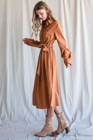 SOLID BUTTON DOWN BELTED LONG DRESS - 1985 the VAULT Boutique