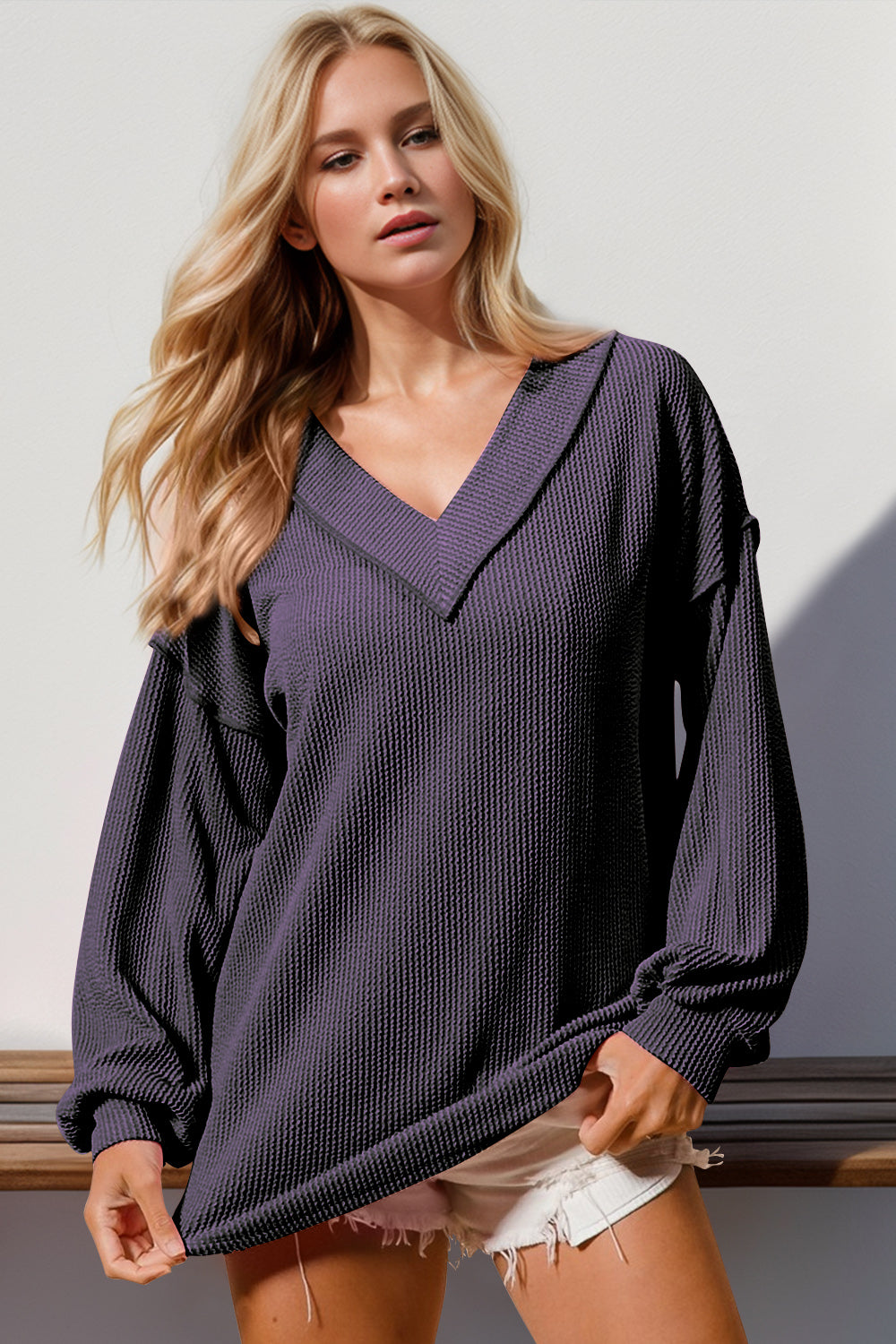 Double Take Exposed Seam Ribbed Textured V-Neck Long Sleeve T-Shirt - 1985 the VAULT Boutique