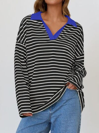 Mandy Striped Johnny Collar Long Sleeve Sweatshirt - 1985 the VAULT Boutique