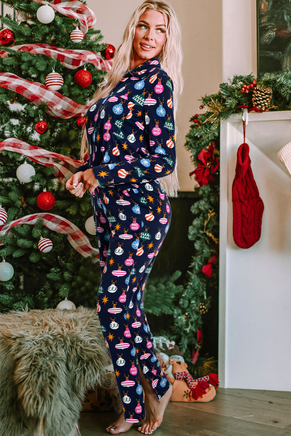 Christmas Lights Print Collared Neck Top and Pants Set - 1985 the VAULT Boutique