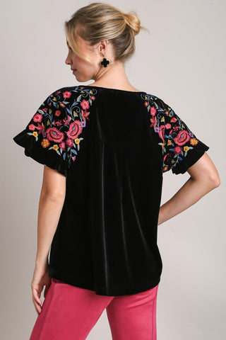 Umgee Full Size Velvet Embroidery Short Sleeve Blouse - 1985 the VAULT Boutique