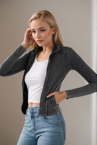 Basic Bae Pocketed Turtleneck Zip Up Denim Top - 1985 the VAULT Boutique